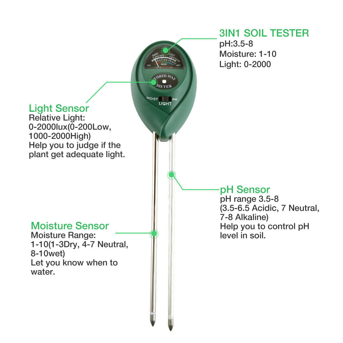3 In1 Soil Tester Water PH Moisture Light Test Meter Kit For Garden